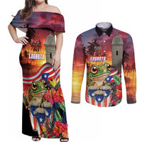 Puerto Rico Coqui Frog Sunset Couples Matching Off Shoulder Maxi Dress and Long Sleeve Button Shirt Isla Del Encanto Tropical Vibe - Wonder Print Shop