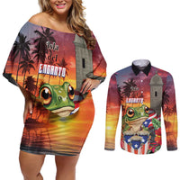 Puerto Rico Coqui Frog Sunset Couples Matching Off Shoulder Short Dress and Long Sleeve Button Shirt Isla Del Encanto Tropical Vibe - Wonder Print Shop
