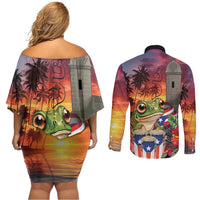 Puerto Rico Coqui Frog Sunset Couples Matching Off Shoulder Short Dress and Long Sleeve Button Shirt Isla Del Encanto Tropical Vibe - Wonder Print Shop