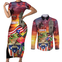 Puerto Rico Coqui Frog Sunset Couples Matching Short Sleeve Bodycon Dress and Long Sleeve Button Shirt Isla Del Encanto Tropical Vibe - Wonder Print Shop
