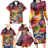 Puerto Rico Coqui Frog Sunset Family Matching Long Sleeve Bodycon Dress and Hawaiian Shirt Isla Del Encanto Tropical Vibe - Wonder Print Shop