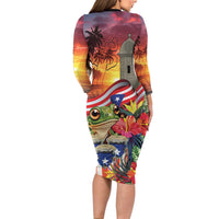 Puerto Rico Coqui Frog Sunset Family Matching Long Sleeve Bodycon Dress and Hawaiian Shirt Isla Del Encanto Tropical Vibe - Wonder Print Shop
