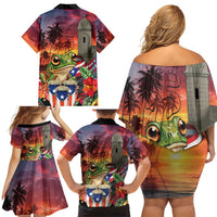 Puerto Rico Coqui Frog Sunset Family Matching Off Shoulder Short Dress and Hawaiian Shirt Isla Del Encanto Tropical Vibe - Wonder Print Shop