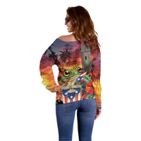 Puerto Rico Coqui Frog Sunset Off Shoulder Sweater Isla Del Encanto Tropical Vibe - Wonder Print Shop