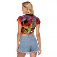 Puerto Rico Coqui Frog Sunset Raglan Cropped T Shirt Isla Del Encanto Tropical Vibe - Wonder Print Shop