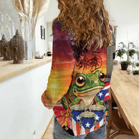 Puerto Rico Coqui Frog Sunset Women Casual Shirt Isla Del Encanto Tropical Vibe - Wonder Print Shop