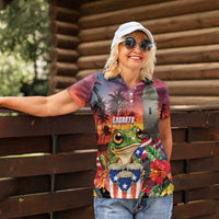 Puerto Rico Coqui Frog Sunset Women Polo Shirt Isla Del Encanto Tropical Vibe - Wonder Print Shop