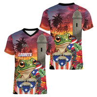 Puerto Rico Coqui Frog Sunset Women V-Neck T-Shirt Isla Del Encanto Tropical Vibe - Wonder Print Shop