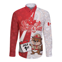 Personalised Canada Day Long Sleeve Button Shirt Beaver Mountie Maple Leaves