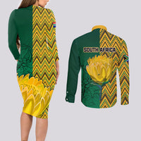 South Africa Couples Matching Long Sleeve Bodycon Dress and Long Sleeve Button Shirts Springbok and Proteas African Pattern - Wonder Print Shop