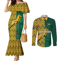 Off-shoulder mermaid dress and long-sleeve button shirt, green/yellow African pattern