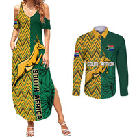 South Africa themed maxi dress and long-sleeve button shirt set, green with yellow pattern