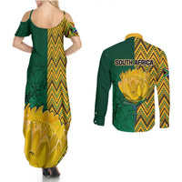 South Africa themed off-shoulder maxi dress and long-sleeve button shirt, green with floral graphic