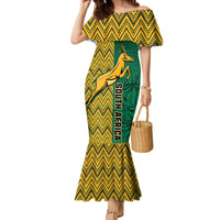 Women’s off-shoulder mermaid dress, yellow zigzag with green animal graphic panel