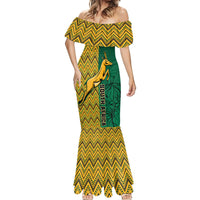 Women’s off-shoulder mermaid dress, yellow chevron print with green kangaroo graphic