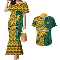 Couples mermaid dress and short-sleeve Hawaiian shirt, yellow chevron and green map print