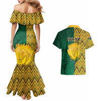 Couples off-shoulder mermaid dress and Hawaiian shirt, zigzag yellow with floral green