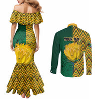 Off-shoulder yellow zigzag mermaid dress with flower and green back graphic shirt