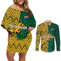 Personalised South Africa Couples Matching Off Shoulder Short Dress and Long Sleeve Button Shirts Springbok and Proteas African Pattern - Wonder Print Shop