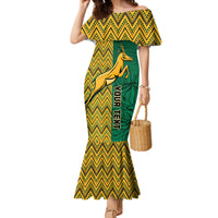 Women’s mermaid dress, off-shoulder zigzag print with green panel and text detail