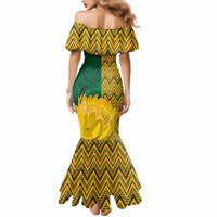 Women’s mermaid dress, off-shoulder zigzag print with green back panel and yellow graphic