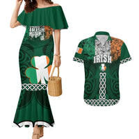 Green off-shoulder mermaid dress with Irish shamrock print; matching green Hawaiian shirt