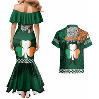 Green off-shoulder mermaid dress and green Hawaiian shirt, shamrock and Celtic knot graphics