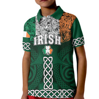 Kids green polo shirt with Irish shamrock and Celtic knotwork graphic
