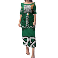 Green long tunic dress with off-shoulder neckline, celtic knot and shamrock graphics