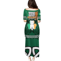 Green long dress, back view with large shamrock and Ireland text