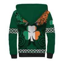 Green hoodie with Sherpa hood lining, back four-leaf clover print and Celtic knots