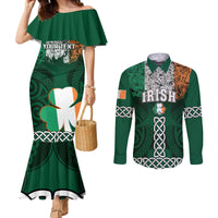 Green mermaid dress with off-shoulder ruffle, shamrock and Celtic knot print; matching button shirt