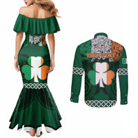 Green back view mermaid dress off-shoulder ruffle and button shirt; shamrock, Celtic knot, YOUR TEXT