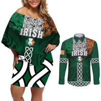 Personalized Irish couple set: green off-shoulder short dress and button shirt, shamrock-knot pattern