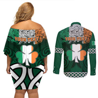Personalized Irish couple set (back): green off-shoulder dress and button shirt, "YOUR TEXT"