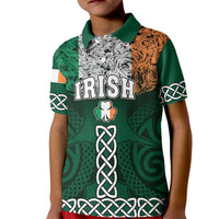 Kids green polo shirt with Irish shamrock and white Celtic knot pattern, short sleeves