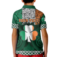 Kids green polo shirt back with large shamrock graphic and Celtic knot trim, collar