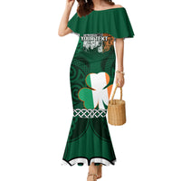 Green off-shoulder mermaid dress with shamrock and Celtic knot print