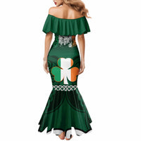 Green off-shoulder mermaid dress with shamrock and Celtic knot pattern