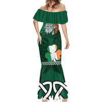 Green off-shoulder mermaid dress with shamrock print and 'Your Text' panel