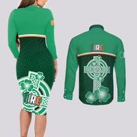 Ireland Couples Matching Long Sleeve Bodycon Dress and Long Sleeve Button Shirts Irish Shamrock Harp Mix Celtic Pattern - Wonder Print Shop
