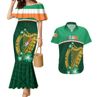 Green mermaid off-shoulder dress and green Hawaiian shirt with Irish shamrock harp print