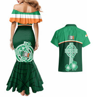 Green mermaid off-shoulder dress and Hawaiian shirt with EIRE celtic cross and shamrock