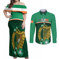 Ireland Couples Matching Off Shoulder Maxi Dress and Long Sleeve Button Shirts Irish Shamrock Harp Mix Celtic Pattern - Wonder Print Shop