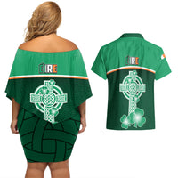 Ireland Couples Matching Off Shoulder Short Dress and Hawaiian Shirt Irish Shamrock Harp Mix Celtic Pattern - Wonder Print Shop