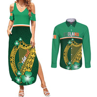 Green cold-shoulder maxi dress and long-sleeve button shirt with Irish graphic