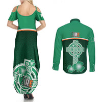 Green maxi dress and long-sleeve button shirt, back print with EIRE and shamrock