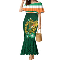 Green mermaid dress with off-shoulder striped yoke and Celtic harp & shamrock print