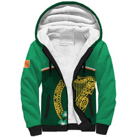 Green sherpa-lined hoodie with black trim and gold celtic harp shamrock chest design