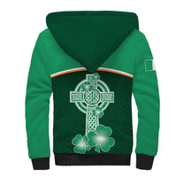 Green sherpa hoodie with black cuffs, full back celtic cross and shamrock pattern